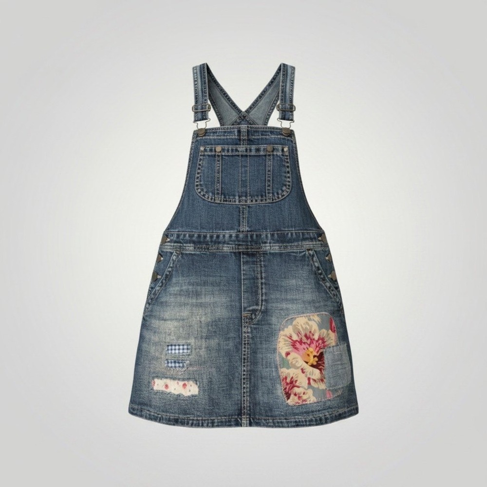 Polo Ralph Lauren Denim Overall Dress Girl 8 Patchwork Floral Y2K Vintage Retro